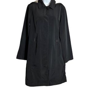 Gallery Womens Trench Coat Button Long Sleeve Hooded Medium Black